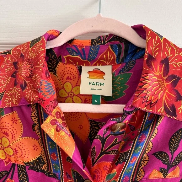 Farm Rio Tropical Tapestry Pink Long Sleeve Chemise Midi Dress - Picture 4 of 5